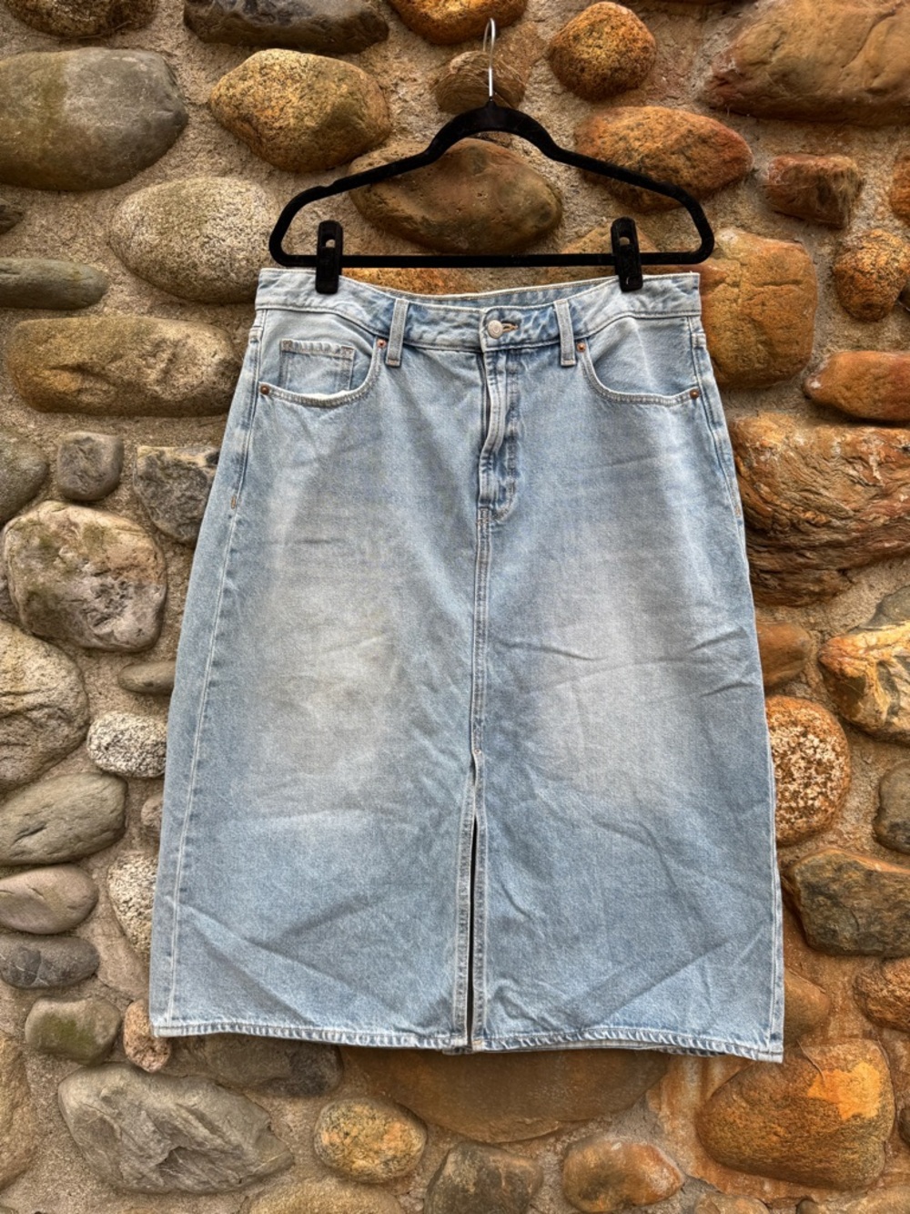 Denim High-Rise Midi Skirt with Front Slit